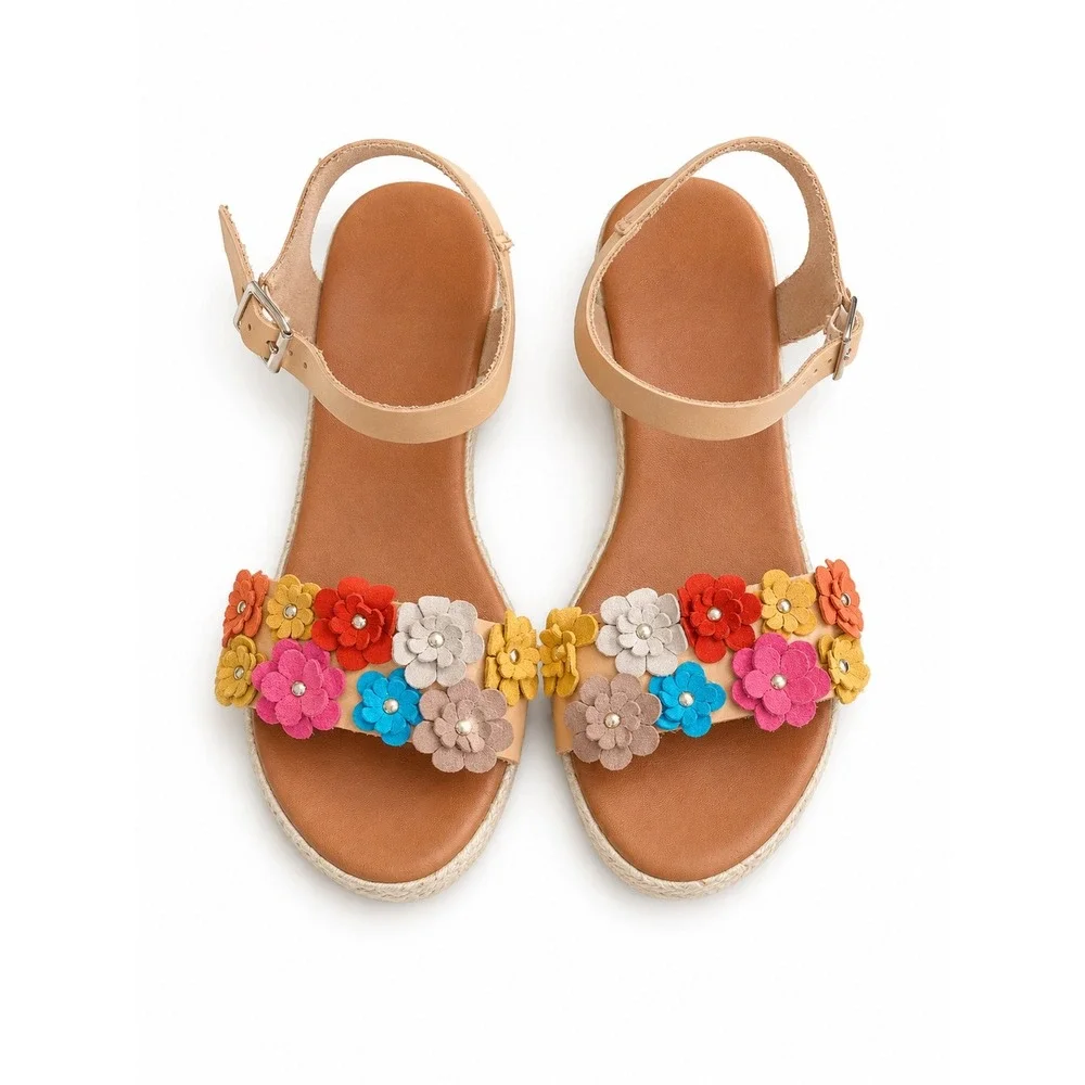 Floral Applique Espadrille Wedge Sandals Tan Multi Color Boho Flower Strappy 7
